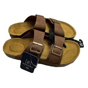 George Mens Comfort Two Strap Buckle Sandals Brown Cushioned Footbed New w/ Defe